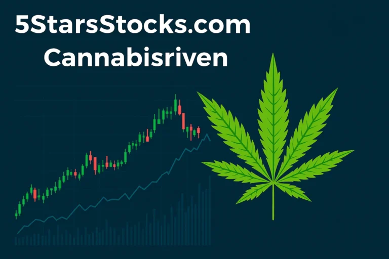 5starsstocks.com cannabis stock chart rising with green candlesticks and marijuana leaf overlay