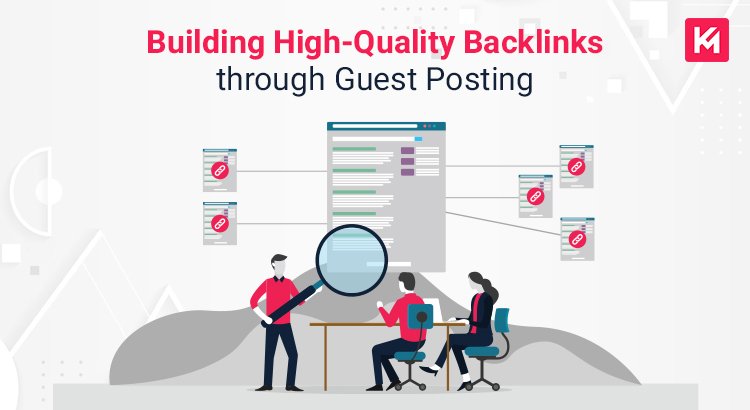 SEO guest posting backlinks strategy illustration with team and linked articles