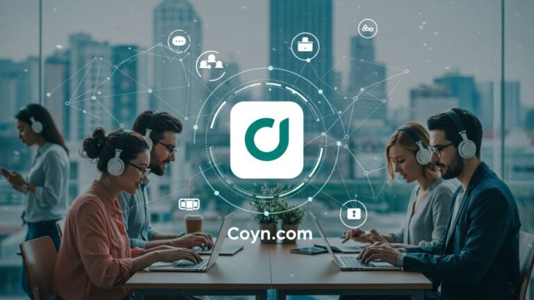 Team collaborating in office with coyyn.com innovation logo and digital finance icons overlay