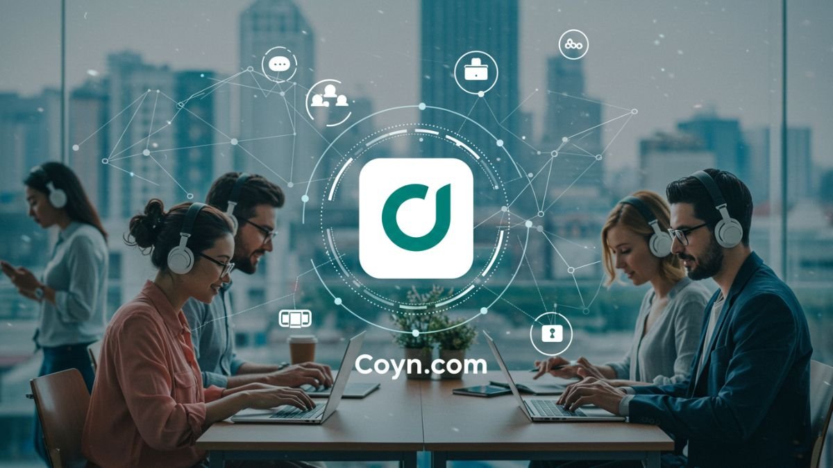 Team collaborating in office with coyyn.com innovation logo and digital finance icons overlay