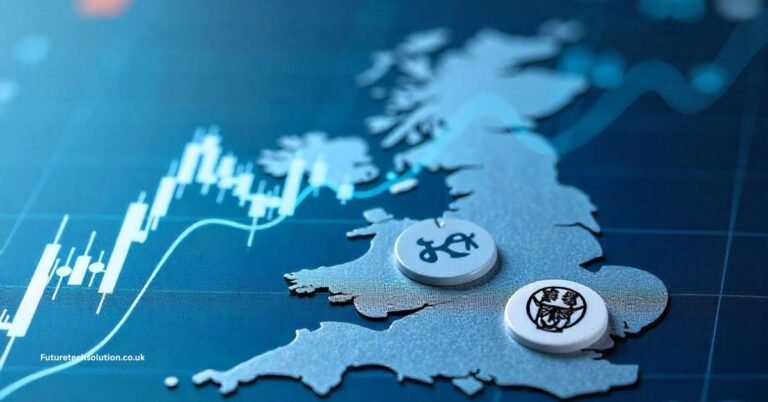 UK map with fintechzoom.com ftse 100 candlestick chart and GBP coins
