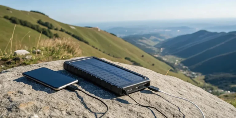 Solar power bank charging smartphone on rocky mountain summit with green hills and sky background
