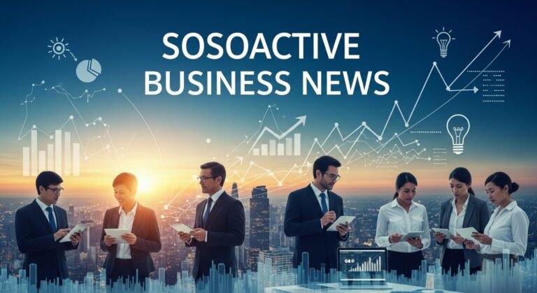 Sosoactive business news pros with tablets, city skyline, graphs, and icons.