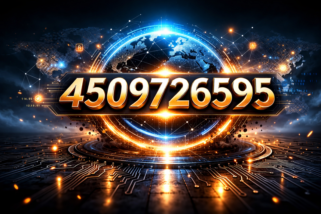 Golden 4509726595 number with digital global network background