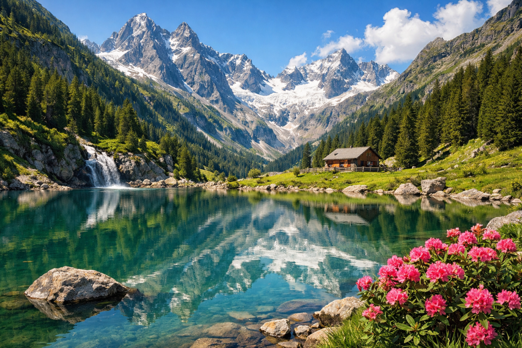 Scenic mountain lake with cabin, waterfall, and flowers for 5716216254