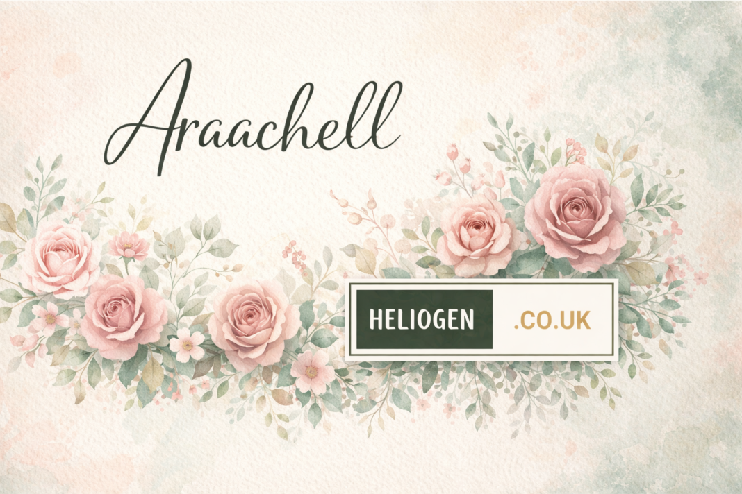 Araachell elegant script logo with soft pink floral watercolor background.