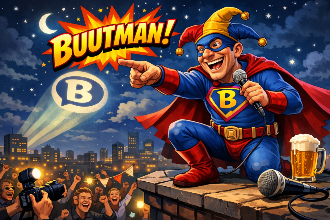 Buutman comic-style superhero performer entertaining crowd at night