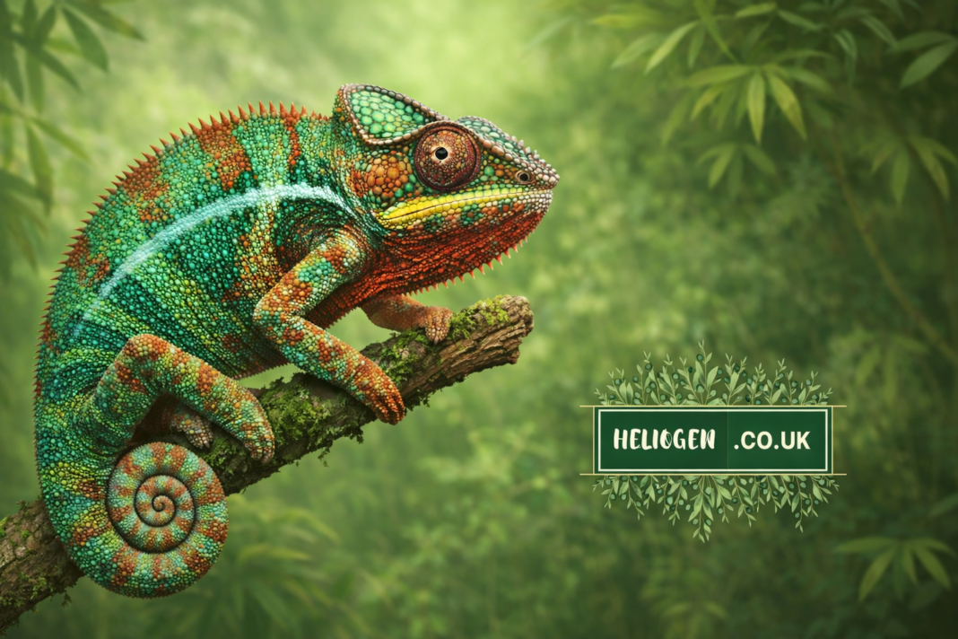 Colorful Chameleónovité chameleon perched on a branch in a lush green jungle
