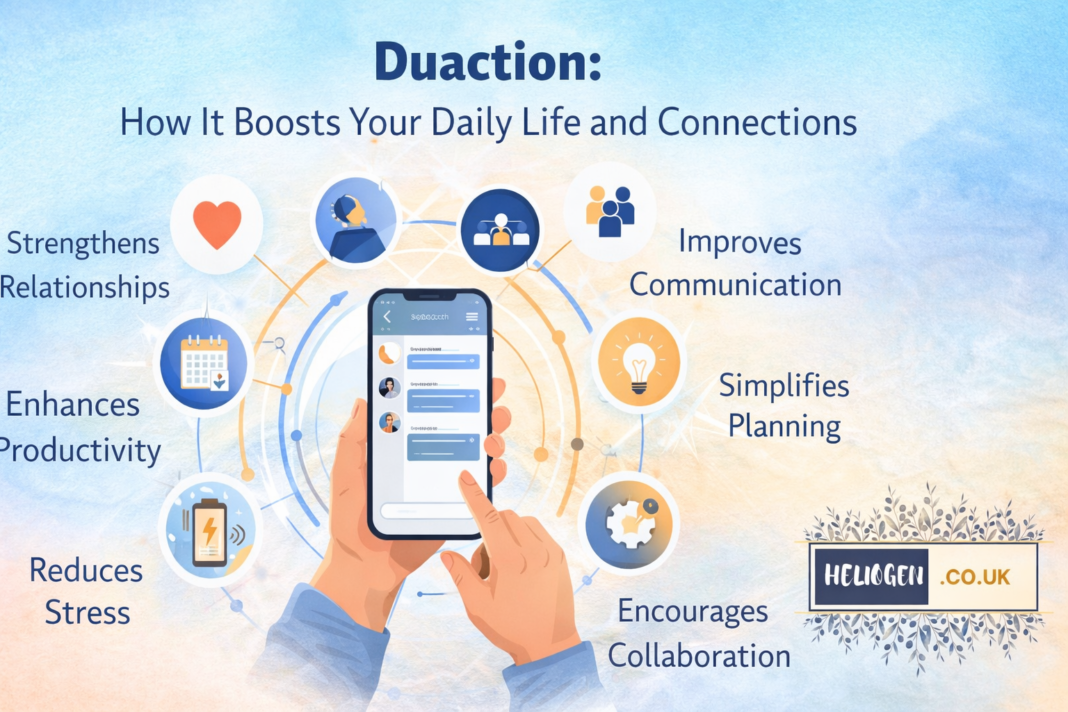 Duaction app infographic showing smartphone with features like communication and productivity.
