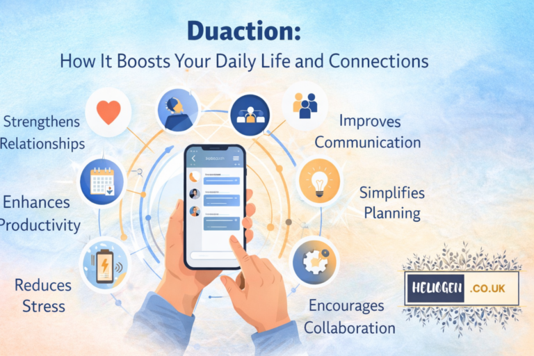 Duaction app infographic showing smartphone with features like communication and productivity.
