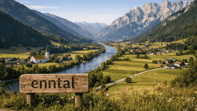 Enntal – wooden sign overlooking breathtaking alpine valley with river and mountains