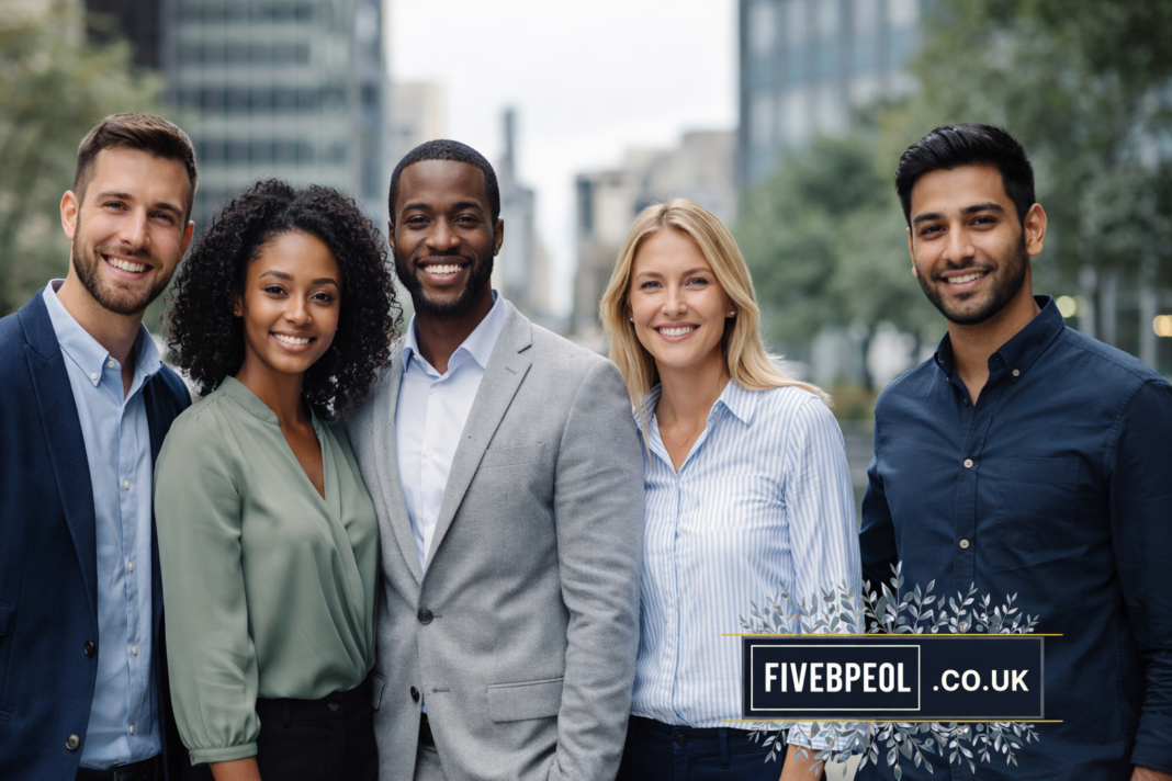 Five professionals smiling outdoors in business attire – Fivebpeol
