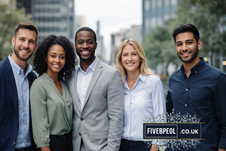 Five professionals smiling outdoors in business attire – Fivebpeol