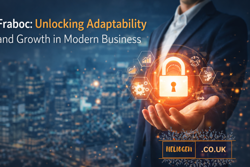 Fraboc concept image showing business leader holding digital security lock over city background