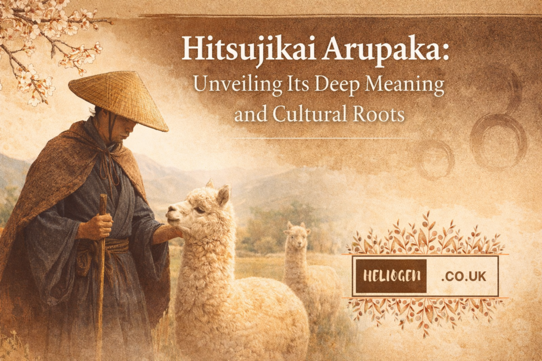 Japanese shepherd with alpaca in a vintage-style landscape representing Hitsujikai Arupaka.