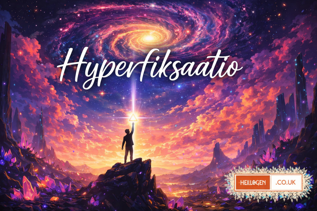 Hyperfiksaatio concept art showing a figure reaching toward a glowing galaxy