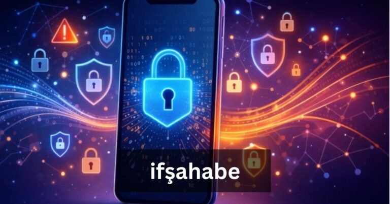 Ifşahabe cybersecurity illustration – smartphone with glowing blue padlock and security shields