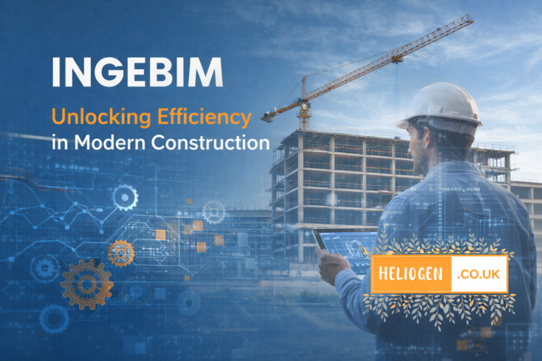 Ingebim construction concept showing engineer using tablet at modern building site.