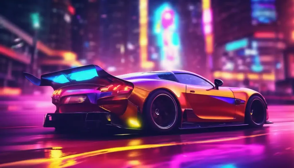 Jipinfeiche orange sports car in neon city race.
