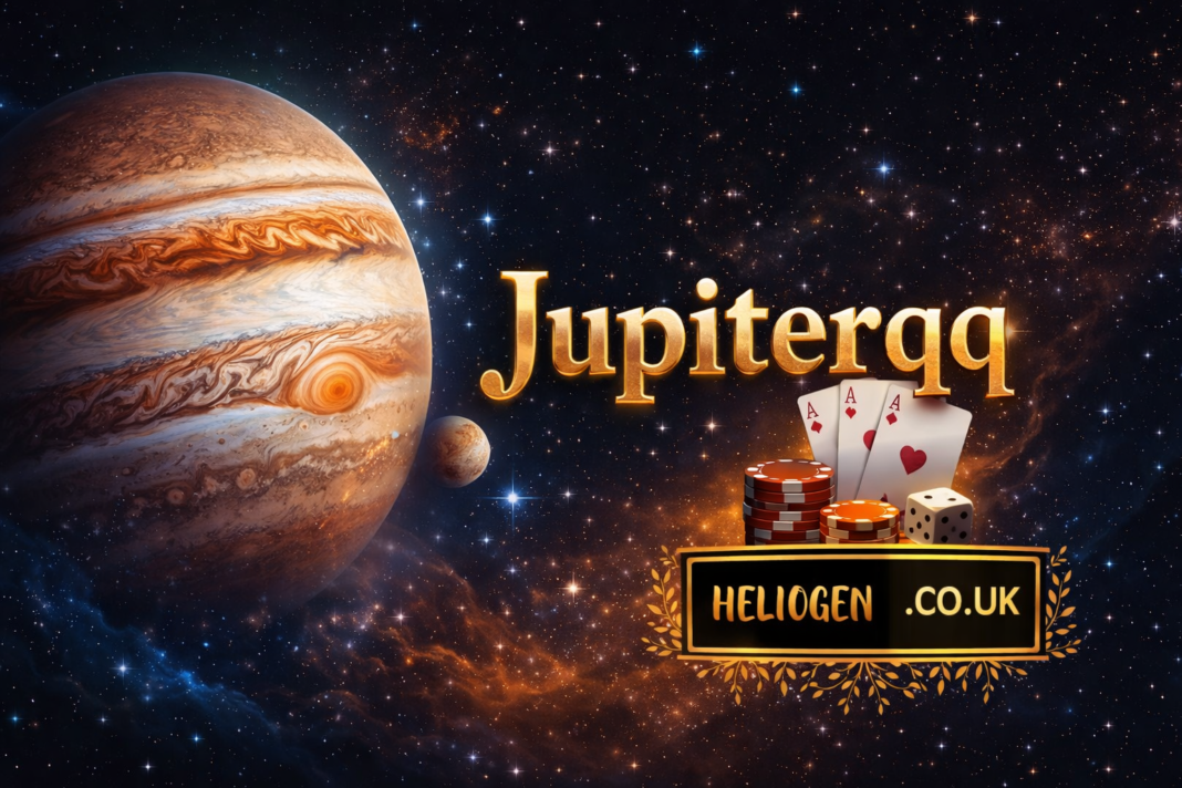 Jupiterqq poker themed image with Jupiter planet, playing cards, dice, and casino chips in space