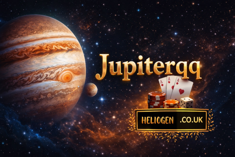 Jupiterqq poker themed image with Jupiter planet, playing cards, dice, and casino chips in space