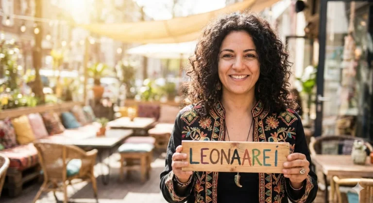 Leonaarei – smiling woman holding colorful wooden brand sign in sunny cafe
