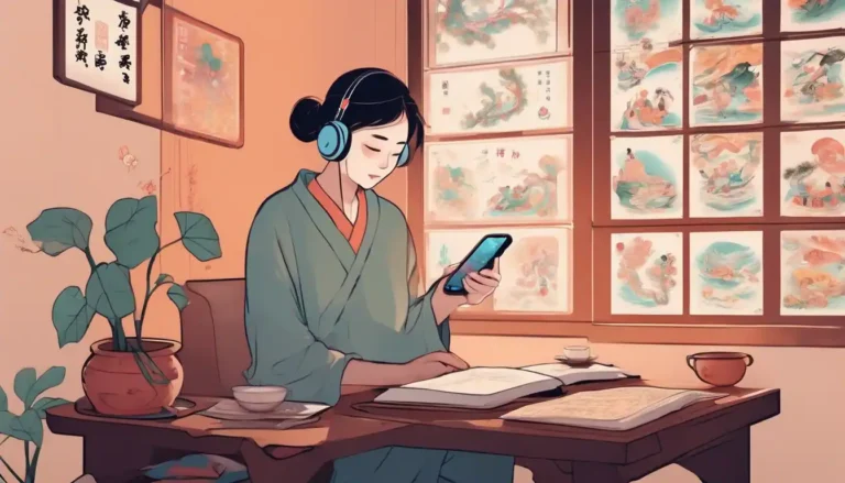 Manhuasy reader relaxing in traditional Chinese room, enjoying manhua on smartphone with headphones