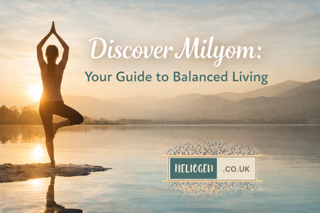 Milyom balanced living banner with woman practicing yoga by a lake at sunrise.