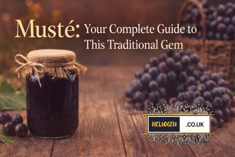 Musté jar on wooden table with grapes in background