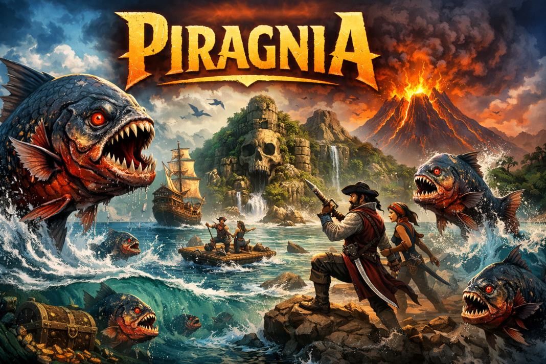 Piragnia fantasy pirates battling giant piranha monsters at sea