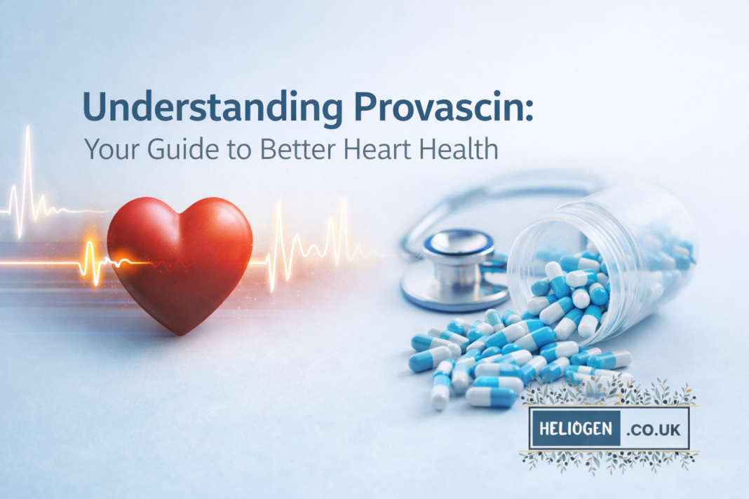 Provascin heart health guide with capsules, stethoscope, and heartbeat graphic.