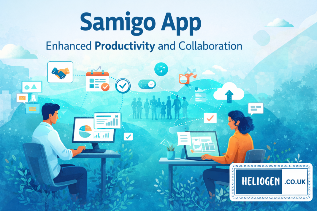 Samigo App illustration showing teamwork, productivity, and digital collaboration.