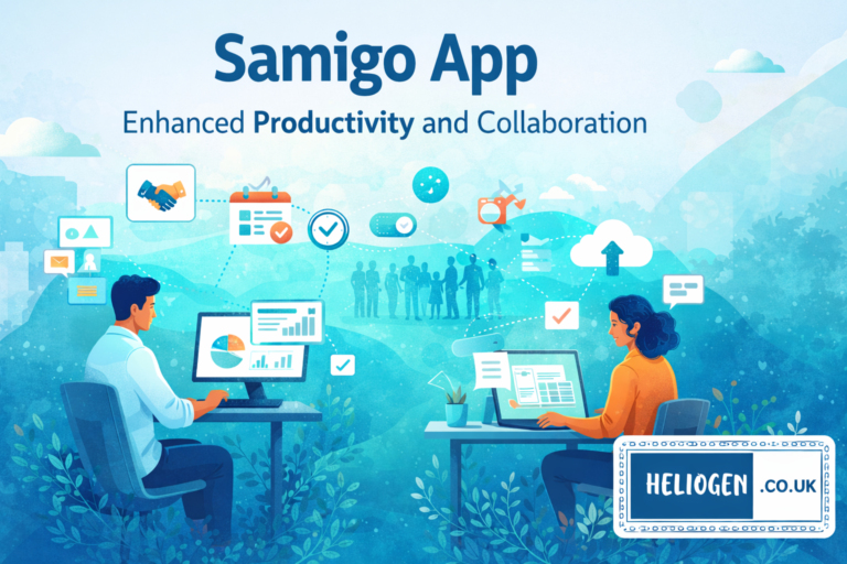 Samigo App illustration showing teamwork, productivity, and digital collaboration.