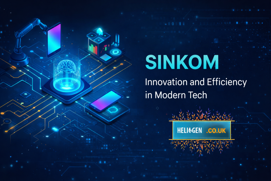 Sinkom tech innovation graphic with futuristic devices and digital circuits.
