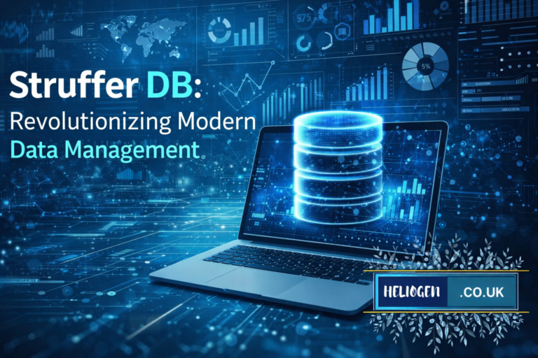 Sruffer DB data management graphic with digital database and laptop.
