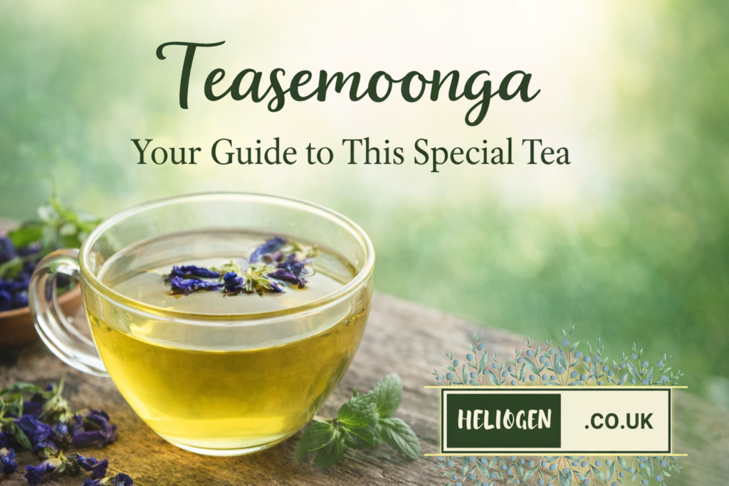 Teasemoonga herbal tea in a glass cup with fresh flowers and mint