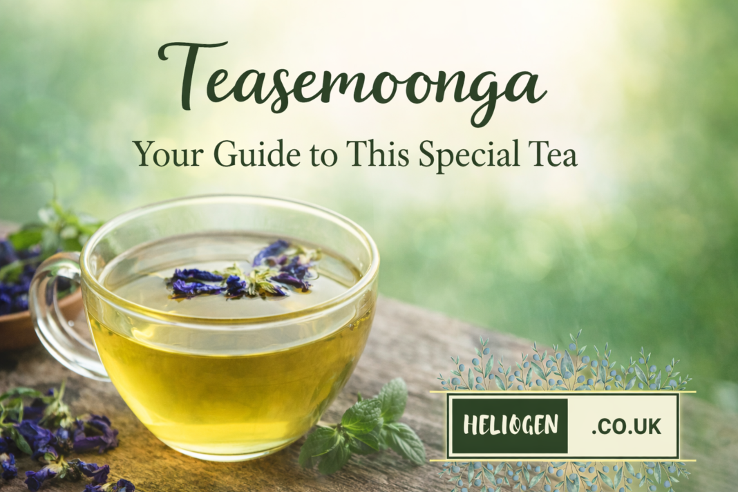 Teasemoonga herbal tea in a glass cup with fresh flowers and mint