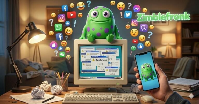 Zimblefronk monster on old PC with social icons and phone.