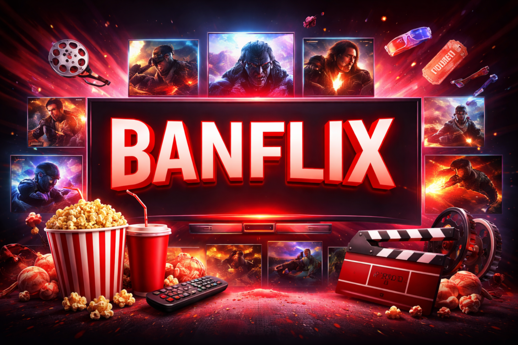 Banflix streaming platform displayed on TV with movies, popcorn, and remote