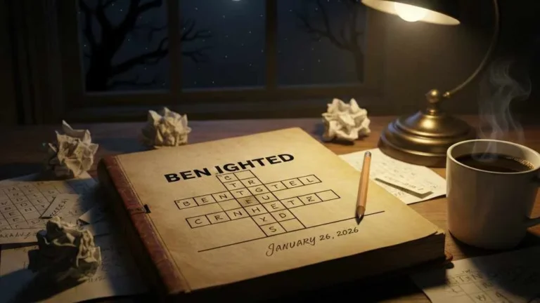 Benighted crossword clue puzzle book on desk at night