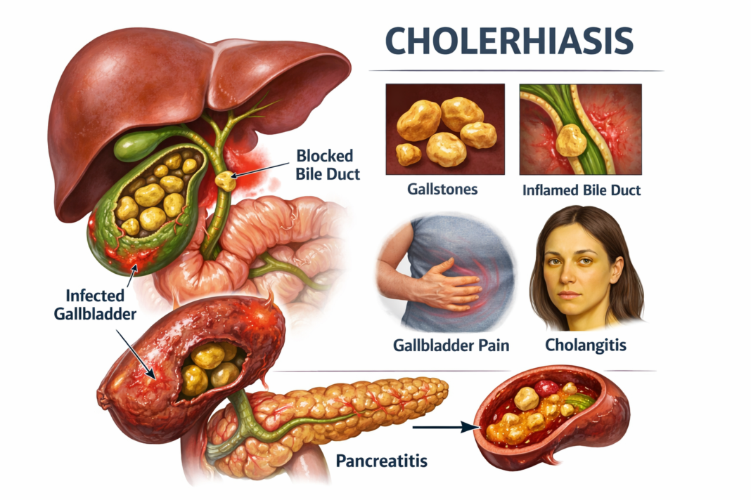 Medical illustration showing gallstones and bile duct blockage related to cholerhiasis