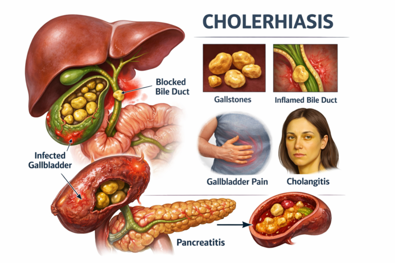 Medical illustration showing gallstones and bile duct blockage related to cholerhiasis