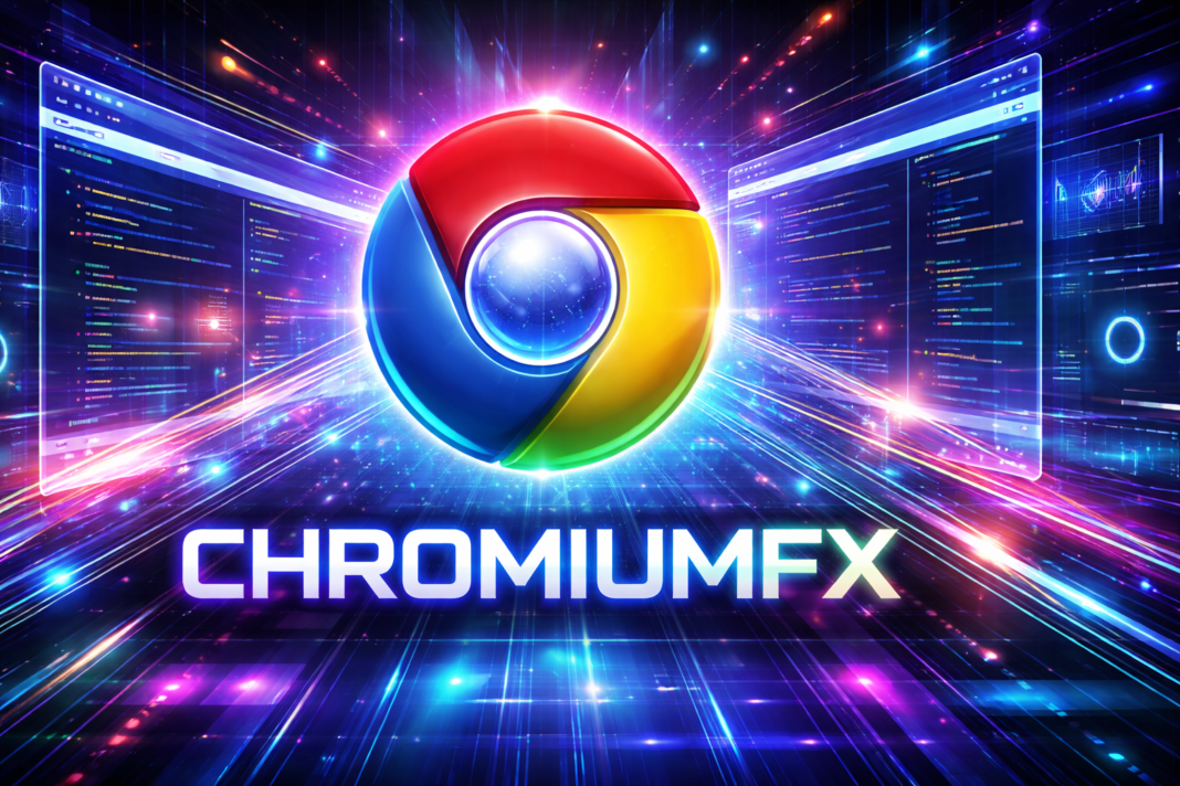 Chromiumfx browser logo with futuristic code and digital interface