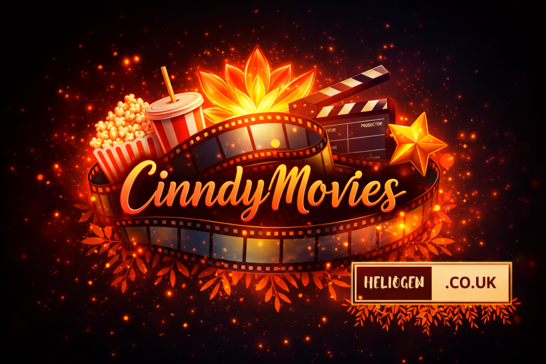 CinndyMovies logo with glowing film reel, popcorn, and clapperboard on a fiery background.