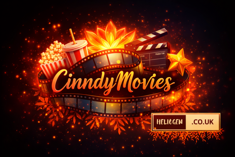CinndyMovies logo with glowing film reel, popcorn, and clapperboard on a fiery background.