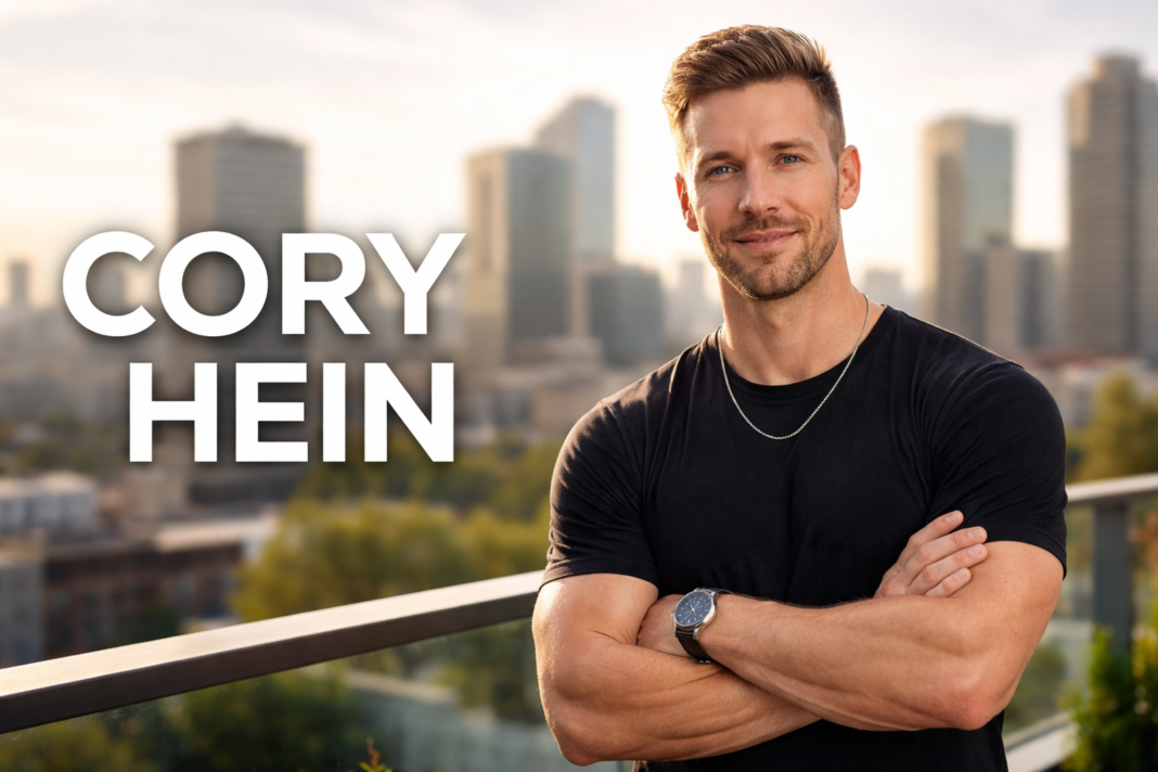 Portrait of a man with city skyline and text reading Cory Hein