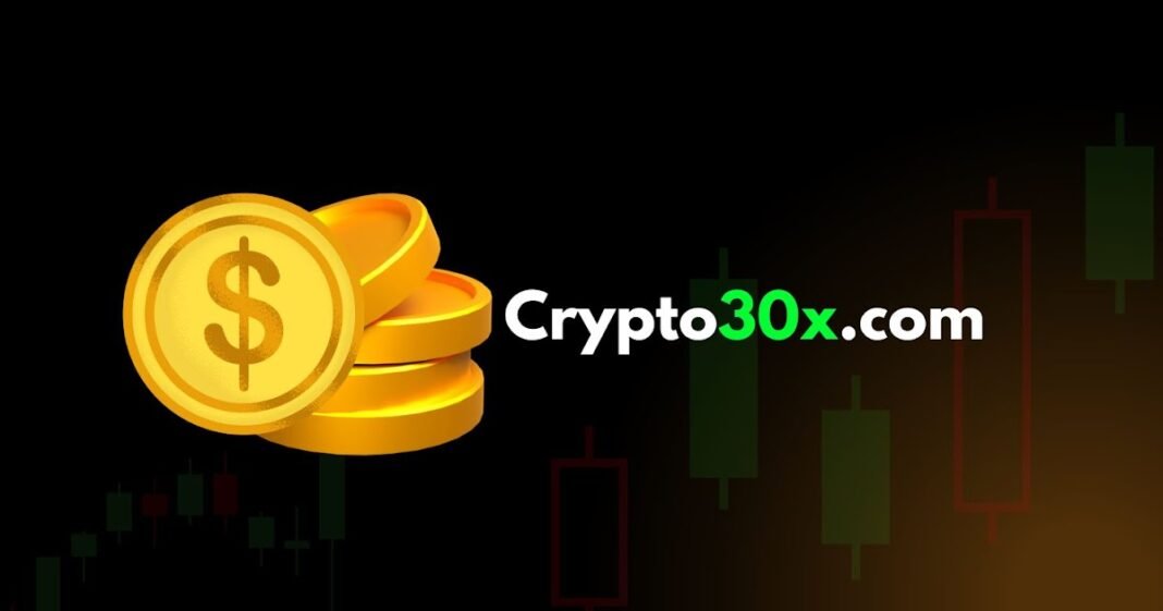 Crypto30x.com ac milan themed crypto trading graphic with gold coins and market candles