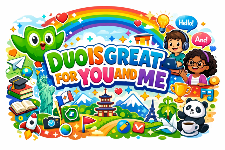 Duolingo cartoon illustration with kids, panda, rainbow – DuoisGreatForYouAndMe