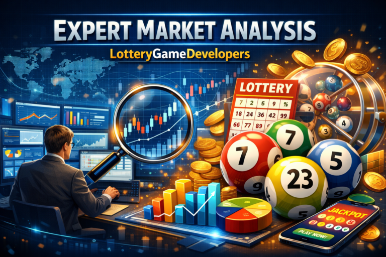 Expert market analysis for lottery game developers with charts, data, and lottery visuals