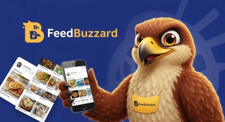 FeedBuzzard mascot holding a smartphone with curated content feed